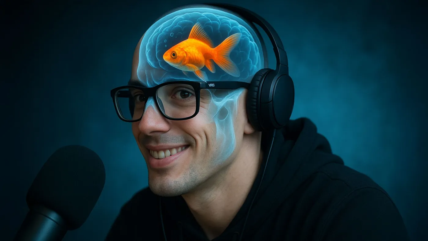 Ritratto surreale di un uomo sorridente con cuffie e occhiali, mostrato con effetto raggi X che rive
