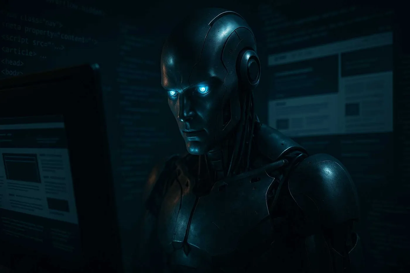 a robot with glowing eyes and a robot in the dark