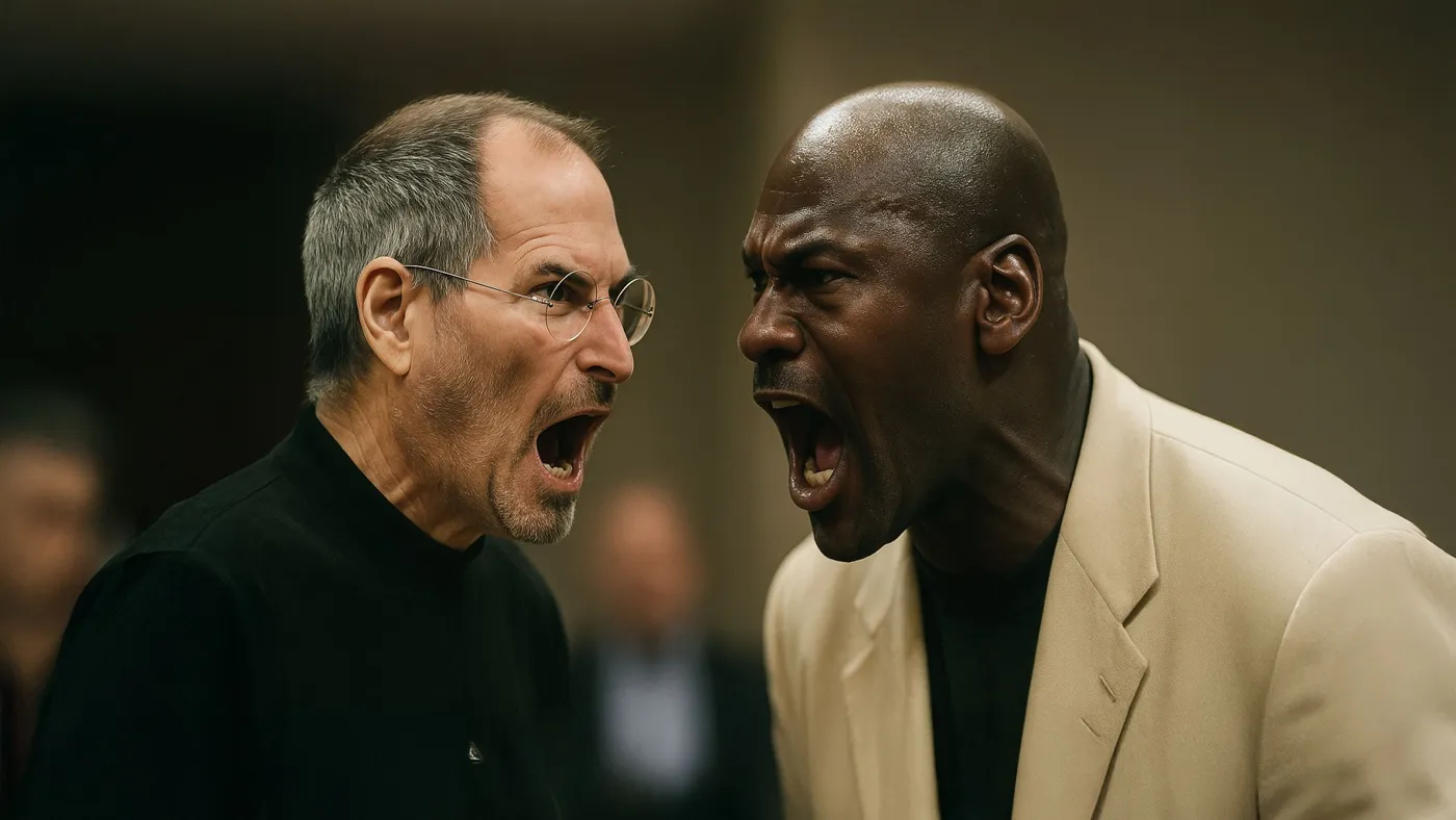 Steve Jobs e Michael Jordan che si urlano in faccia in una scena comica iper realistica, pensata per